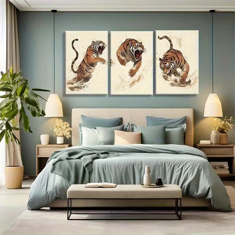 3pcs Dynamic Running Roaring Tiger Illustration Metal Print Ready to Hang Art - Bella Home Decor