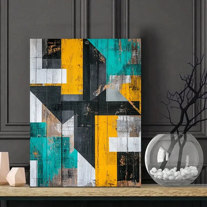 Abstract Geometric Teal, Yellow & Black Color Palette  40x60cm Metal Print Ready to Hang