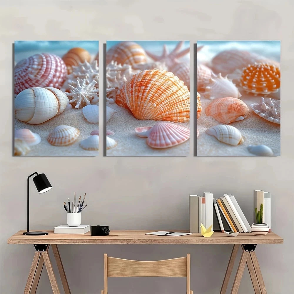 3pcs Coastal Shell Nautical Beach Scene Metal Print Ready to Hang Art - Bella Home Decor