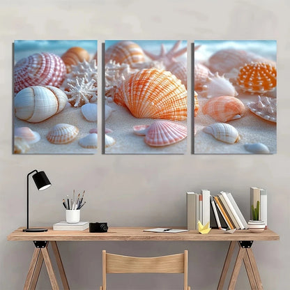 3pcs Coastal Shell Nautical Beach Scene Metal Print Ready to Hang Art - Bella Home Decor