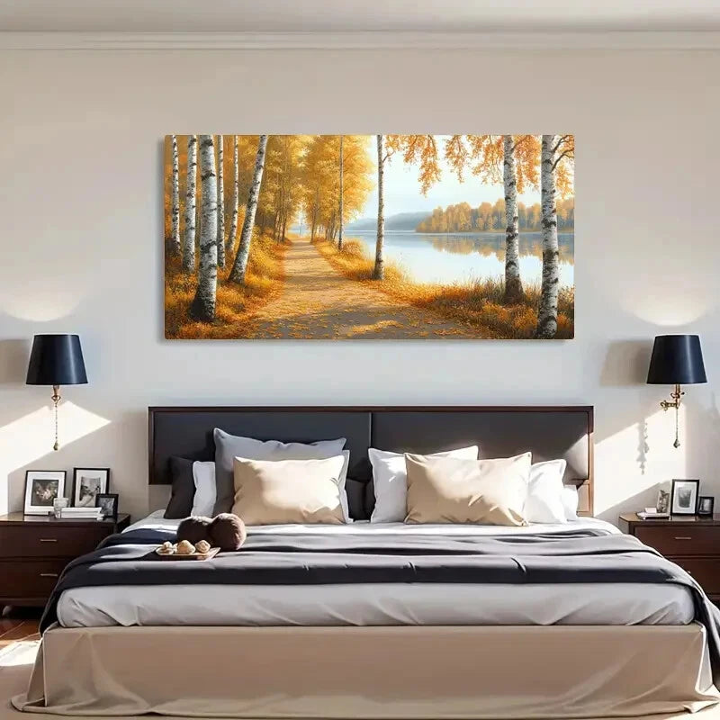 Autumn Lake & Birch Trees wall canvas office home room framed 120x60cm - Bella Home Decor