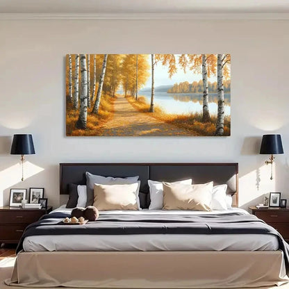 Autumn Lake & Birch Trees wall canvas office home room framed 120x60cm - Bella Home Decor