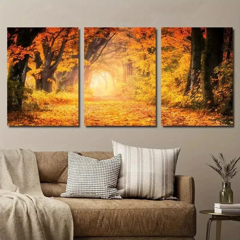 3pcs Autumn Forest Sunset Vibrant Yellow Leaves Metal Print Ready to Hang Art - Bella Home Decor