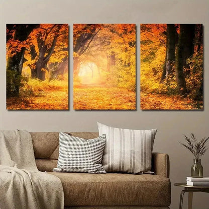 3pcs Autumn Forest Sunset Vibrant Yellow Leaves Metal Print Ready to Hang Art - Bella Home Decor