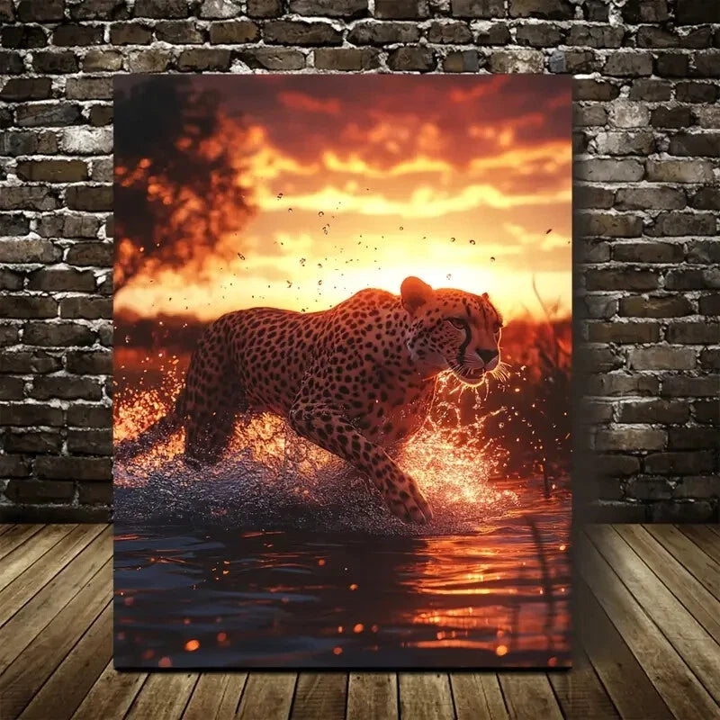Cheetah Splashing in Water Under Glowing Painting 40x60cm Metal Print Ready to Hang - Bella Home Decor