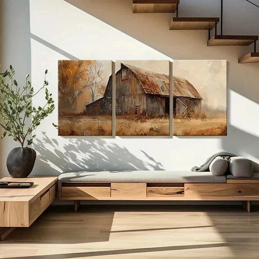 3pcs Rustic Barn Vintage Autumn Colors Wall Art Set Canvas Framed 50x70cm - High Quality Print 100% Australian Made Wall Canvas Ready to Hang