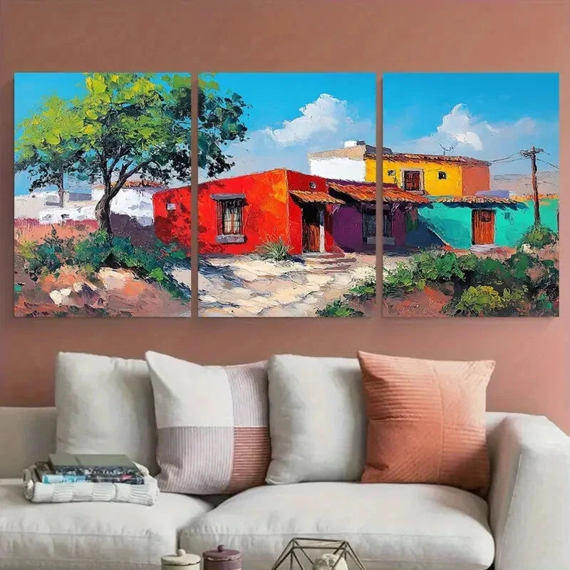 3pcs Colorful House Mexican Cityscape View Metal Print Ready to Hang Art - Bella Home Decor