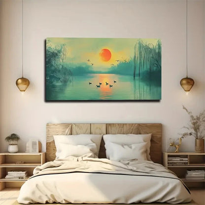 Serene Sunset Lake With Ducks Wall Art Canvas Office Home Room Framed 120x60cm