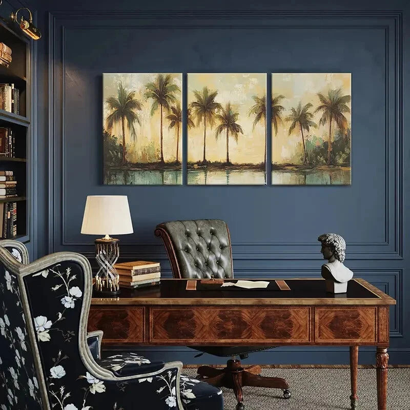 3pcs Tropical Palm Trees Sunset Reflection Metal Print Ready to Hang Art - Bella Home Decor