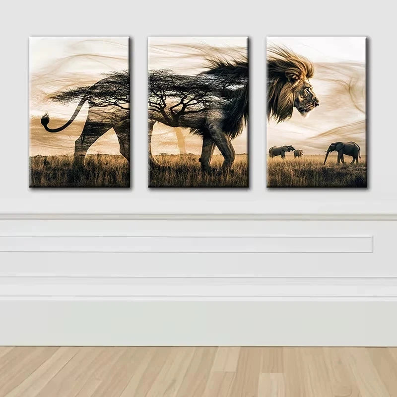 3pcs Male Lion Forest illustration Wall Art Set Canvas Framed 60x90cm - High Quality Print 100% Australian Made Wall Canvas Ready to Hang
