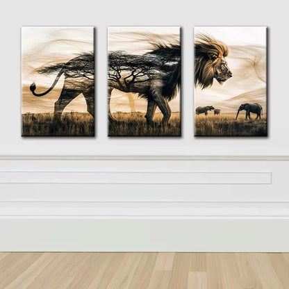 3pcs Male Lion Forest illustration Wall Art Set Canvas Framed 60x90cm - High Quality Print 100% Australian Made Wall Canvas Ready to Hang