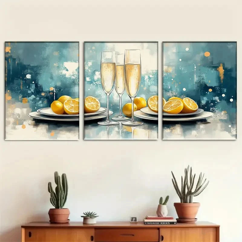 3pcs Abstract Lemon And Champagne Trio Metal Print Ready to Hang Art - Bella Home Decor