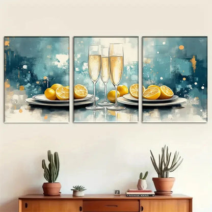3pcs Abstract Lemon And Champagne Trio Metal Print Ready to Hang Art - Bella Home Decor