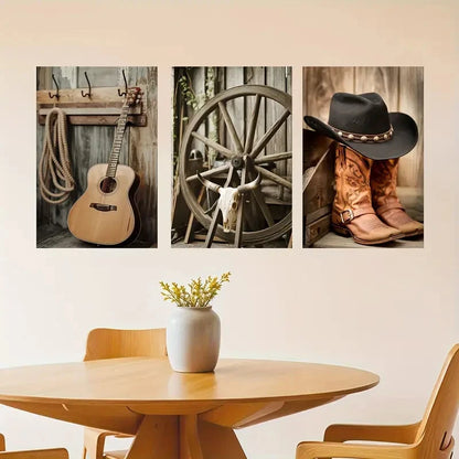 3pcs Cowboy Hat & Boots Metal Print Ready to Hang Art - Bella Home Decor