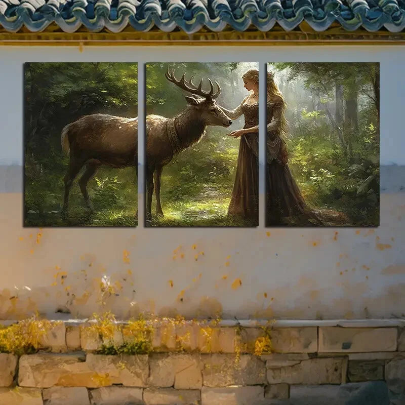 3pcs Girl holding a Deer in the Forest Metal Print Ready to Hang Art - Bella Home Decor