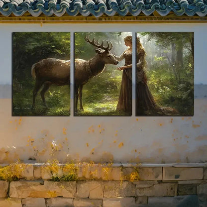 3pcs Girl holding a Deer in the Forest Metal Print Ready to Hang Art - Bella Home Decor