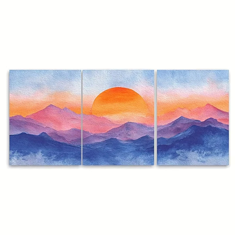 3pcs Watercolor Sunrise Over Mountains Metal Print Ready to Hang Art