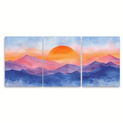 3pcs Watercolor Sunrise Over Mountains Metal Print Ready to Hang Art