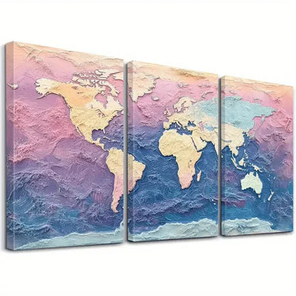3pcs Decorative Aesthetic Textured World Map Wall Art Canvas Unframed - High Quality Print 100% Australian Made Wall Canvas - Bella Home Decor