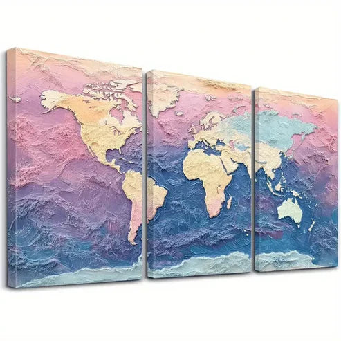 3pcs Decorative Aesthetic Textured World Map Wall Art Canvas Unframed - High Quality Print 100% Australian Made Wall Canvas