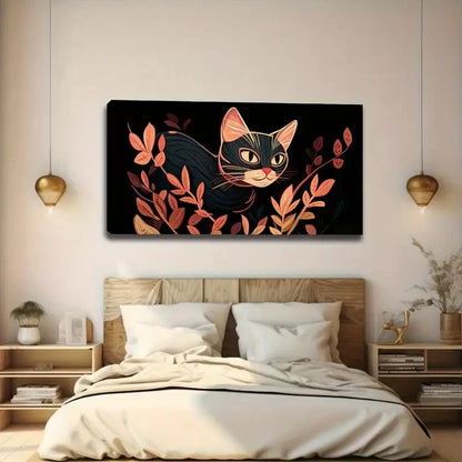 Abstract Black Cat & Orange Wall Art Canvas Office Home Room Framed 120x60cm