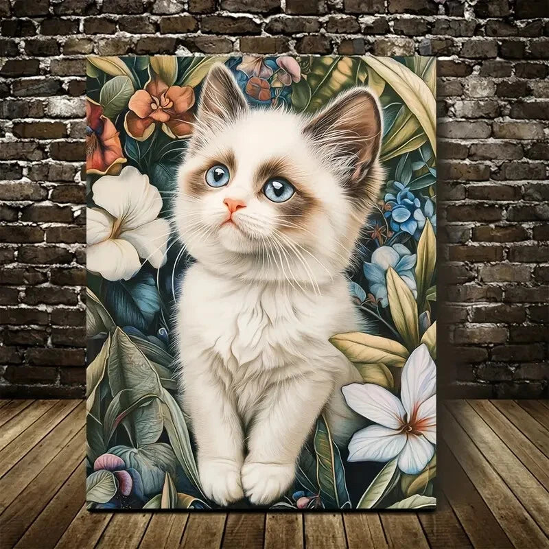 Cute Ragdoll Kitten with Flowers & Plants 40x60cm Metal Print Ready to Hang - Bella Home Decor