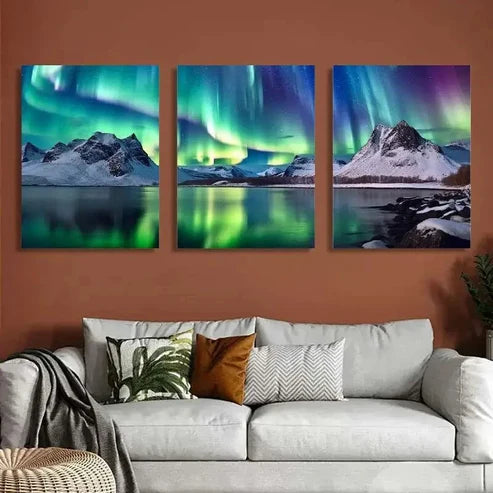3pcs Aurora Borealis Mountains Lake Wall Art Set Canvas Unframed - High Quality Print 100% Australian Made Wall Canvas - Bella Home Decor