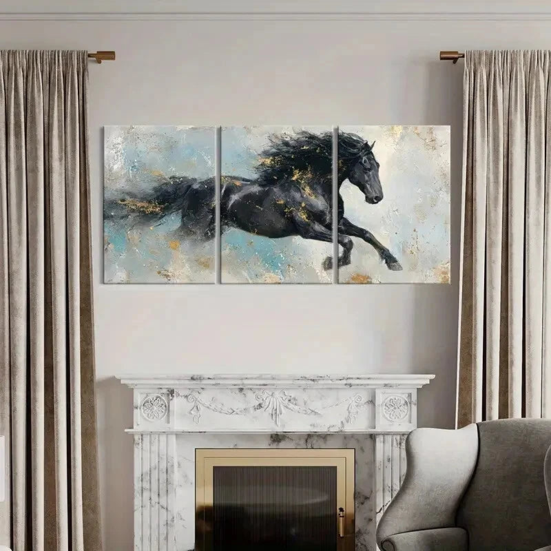 3pcs Black Golden Horse Running Abstract Art Metal Print Ready to Hang Art