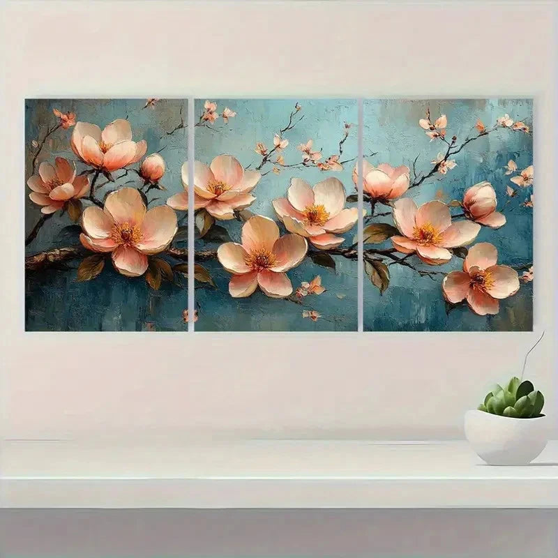 3pcs Peony Magnolia Landscape Painting Metal Print Ready to Hang Art - Bella Home Decor