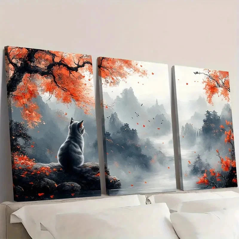 3pcs Chinese Style Cat on Tree C  Wall Art Set Canvas Framed 50x70cm - High Quality Print 100% Australian Made Wall Canvas Ready to Hang - Bella Home Decor