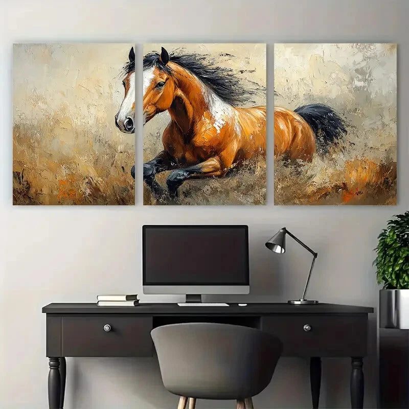 3pcs Horse Running Portrait Illustration Metal Print Ready to Hang Art - Bella Home Decor