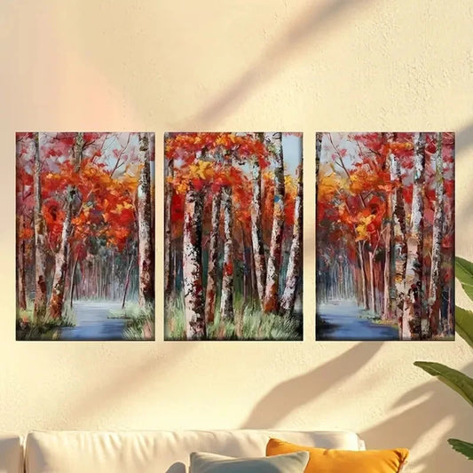3pcs a painting of a forest with red leaves Wall Art Set Canvas Framed 50x70cm - High Quality Print 100% Australian Made Wall Canvas Ready to Hang
