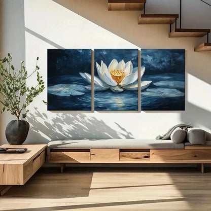 3pcs White Lotus Dark Water & Serene Reflection Wall Art Set Canvas Framed 60x90cm - High Quality Print 100% Australian Made Wall Canvas Ready to Hang - Bella Home Decor