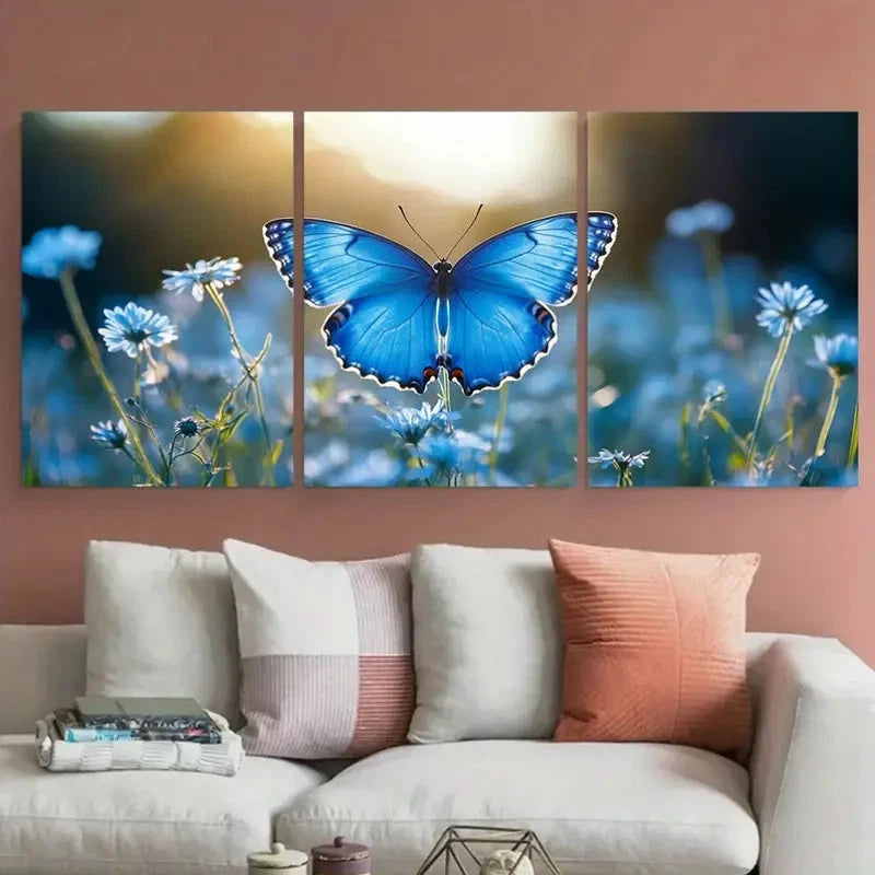 3pcs Pastel Blue Butterfly Serene Summer Meadow Metal Print Ready to Hang Art - Bella Home Decor