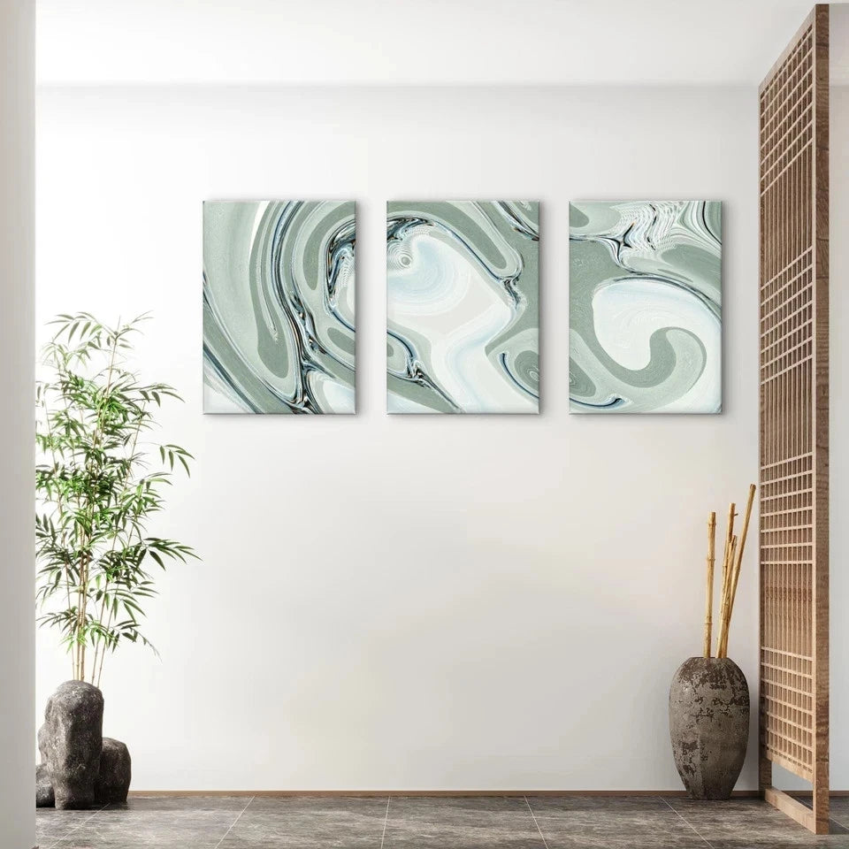 3pcs Modern Abstract Sage Green and White Fluid Wall Art Set Canvas Framed 60x90cm - High Quality Print 100% Australian Made Wall Canvas Ready to Hang