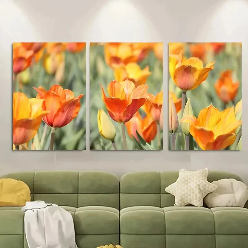 3pcs Spring Tulips Field Of Blooming Flowers Metal Print Ready to Hang Art