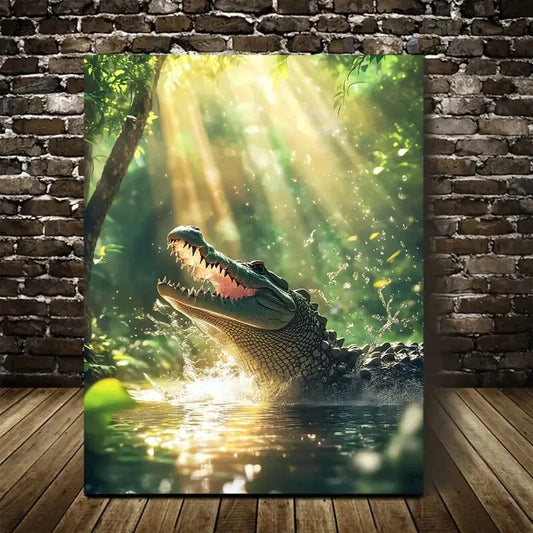 Vibrant Alligator Scene with Sunlit Meadow Painting  40x60cm Metal Print Ready to Hang - Bella Home Decor