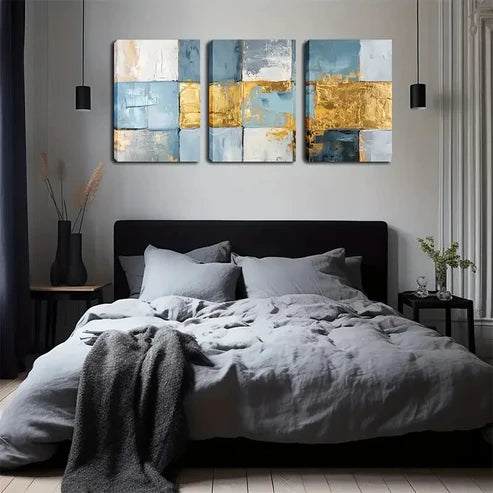 3pcs Painted Textured Panels in Blue & Golden Wall Art Set Canvas Unframed - High Quality Print 100% Australian Made Wall Canvas