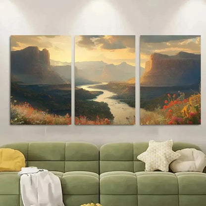 3pcs Winding River Cliffs & Wildflowers Metal Print Ready to Hang Art