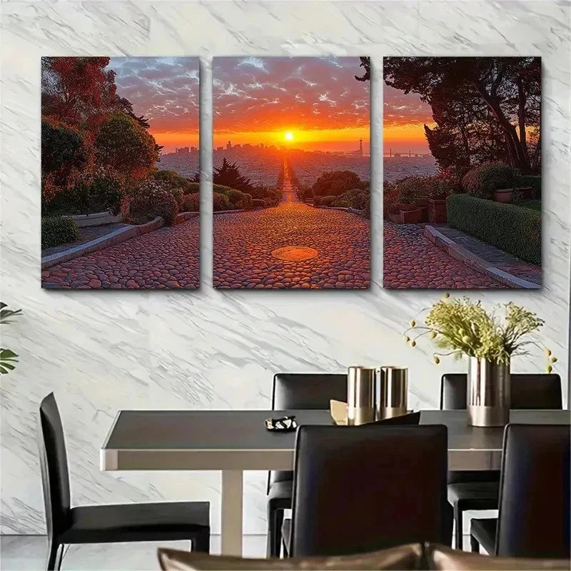 3pcs San Francisco Lombard Street Sun Perfect Wall Art Set Canvas Framed 50x70cm - High Quality Print 100% Australian Made Wall Canvas Ready to Hang