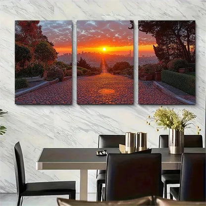 3pcs San Francisco Lombard Street Sun Perfect Wall Art Set Canvas Framed 50x70cm - High Quality Print 100% Australian Made Wall Canvas Ready to Hang