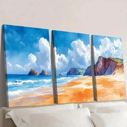 3pcs Beach Art England Coastal  PO  Wall Art Set Canvas Framed 60x90cm - High Quality Print 100% Australian Made Wall Canvas Ready to Hang - Bella Home Decor