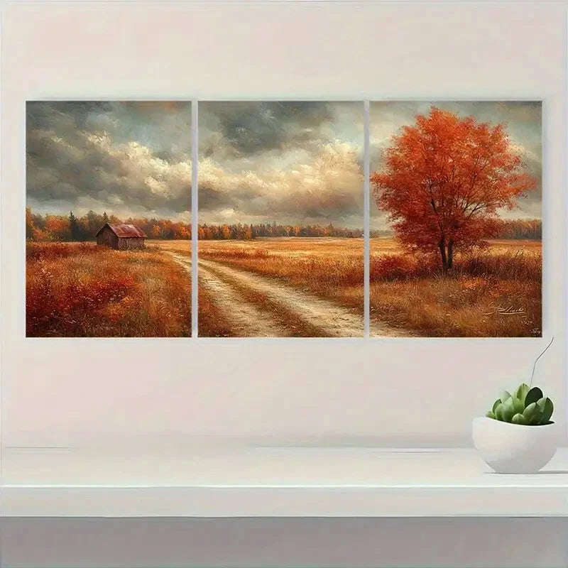 3pcs Vintage Rustic Autumn Landscape Scenery Metal Print Ready to Hang Art