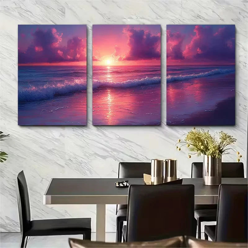 3pcs Cloudy Pink Purple Sunset Over Seashore Metal Print Ready to Hang Art - Bella Home Decor