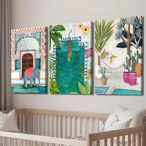 3pcs Moroccan Nordic Jungle Elephant Tiger Wall Art Canvas Unframed - High Quality Print 100% Australian Made Wall Canvas