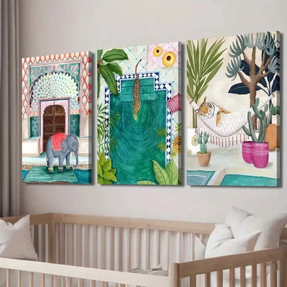 3pcs Moroccan Nordic Jungle Elephant Tiger Wall Art Canvas Unframed - High Quality Print 100% Australian Made Wall Canvas