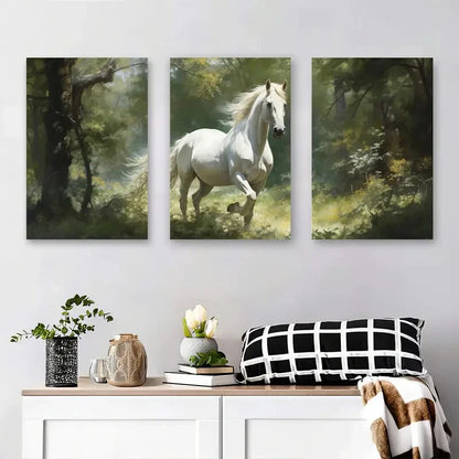 3pcs Majestic White Horse Running Metal Print Ready to Hang Art