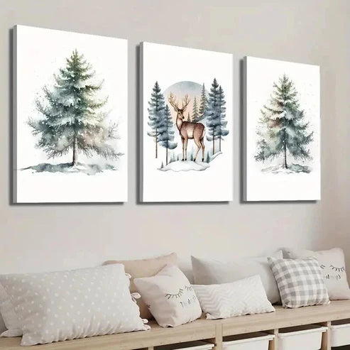3pcs Reindeer in the Forest & Christmas Tree Wall Art Set Canvas Unframed - High Quality Print 100% Australian Made Wall Canvas