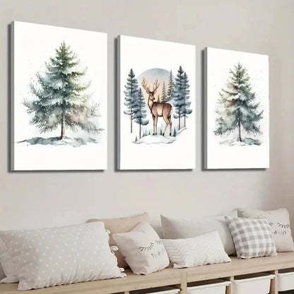 3pcs Reindeer in the Forest & Christmas Tree Wall Art Set Canvas Unframed - High Quality Print 100% Australian Made Wall Canvas