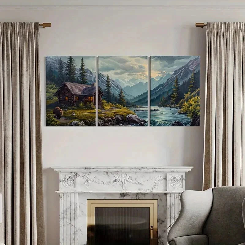 3pcs Rustic Mountain Cabin Bear & River Landscape Metal Print Ready to Hang Art - Bella Home Decor